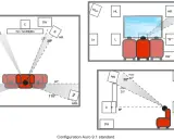 Schémas de configuration d'enceintes pour un son immersif Auro 3D, montrant les positions des haut-parleurs et les angles d'écoute.