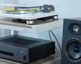 Platine vinyle, amplificateur et enceinte Focal. La connectique audio assure la liaison entre ces éléments pour une expérience sonore immersive.
