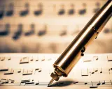 Un stylo doré sur des partitions, prêt à écrire de nouvelles ia paroles chanson.