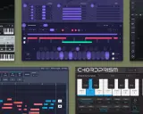 Un tableau de progression d'accord, montrant des séquences musicales et des options de génération d'accords, avec des claviers virtuels et des pads lumineux.