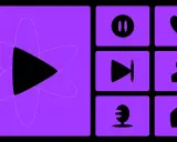 Ensemble d'icônes sur fond violet : un logo de lecture stylisé, pause, cœur, avance rapide, profil, micro et maison. Idées de design pour une application.