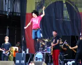 Un chanteur saute sur scène, micro en main, lors d'un concert en plein air. Le groupe joue avec énergie, une ambiance de festival.