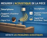 Mesure de l'acoustique d'une pièce avec un smartphone, un support et un test de signal. Optimisez votre expérience audio avec Dirac Audio.