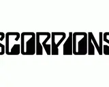 Logo noir du groupe SCORPIONS, avec des lettres stylisées et anguleuses sur fond blanc.