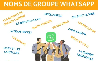 Liste de nom de groupe de musique pour WhatsApp : "Les Bandits de Grands Chemins", "Spiced Girls", "Qui sort ce soir", "La Team Rocket", "Happy Friends", "Gossip Girls", "Les Meilleures", "Emma Carena", "Bières et Foot", "La Grande Vadrouille".