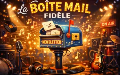 Boîte aux lettres "La Boîte Mail Fidèle" remplie de lettres, sur fond de scène musicale avec guitare, vinyles et notes de musique.