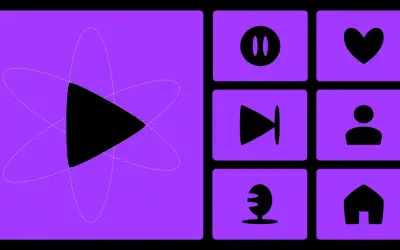 Ensemble d'icônes sur fond violet : un logo de lecture stylisé, pause, cœur, avance rapide, profil, micro et maison. Idées de design pour une application.