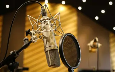 Microphone de studio prêt pour le mixage voix. Un filtre anti-pop est positionné pour une prise de son parfaite.