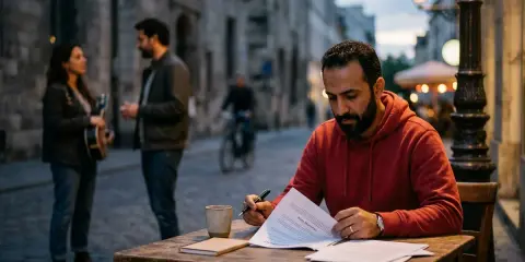 Un homme signe un contrat de distribution musique à une table en extérieur. Au loin, un couple discute, l'un tenant une guitare.