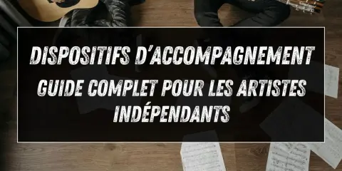 Guide pour les artistes indépendants sur le publishing musique. Des partitions et des guitares suggèrent une carrière musicale.