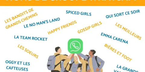 Liste de nom de groupe de musique pour WhatsApp : "Les Bandits de Grands Chemins", "Spiced Girls", "Qui sort ce soir", "La Team Rocket", "Happy Friends", "Gossip Girls", "Les Meilleures", "Emma Carena", "Bières et Foot", "La Grande Vadrouille".