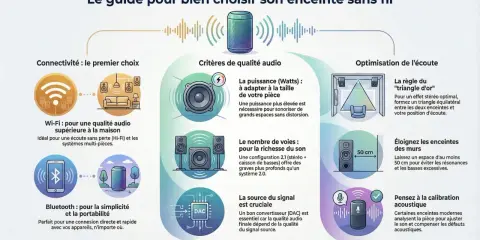 Guide pour bien choisir une enceinte : connectivité, qualité audio (puissance, voies, source), optimisation (triangle d'or, distance des murs, calibration).