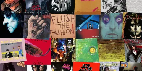Collage d'albums d'Alice Cooper, montrant diverses pochettes d'albums iconiques.
