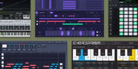 Un tableau de progression d'accord, montrant des séquences musicales et des options de génération d'accords, avec des claviers virtuels et des pads lumineux.
