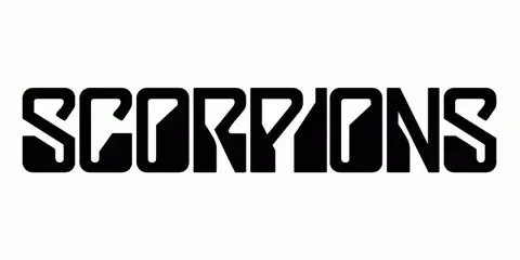 Logo noir du groupe SCORPIONS, avec des lettres stylisées et anguleuses sur fond blanc.