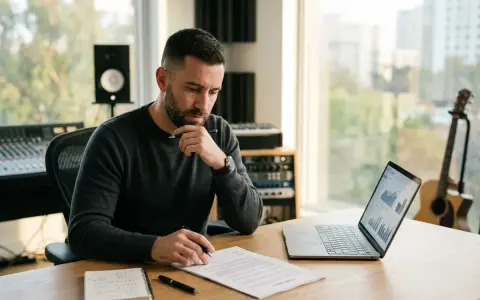 Un homme réfléchit à un contrat, entouré d'équipements de studio et d'une guitare. Il prépare le dossier de presse de son groupe de musique.