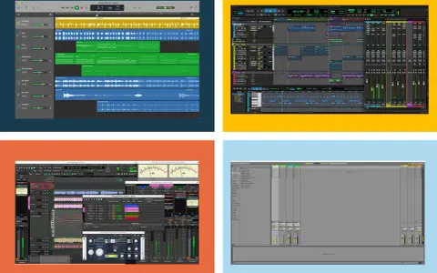 Quatre interfaces de logiciels de production musicale, dont GarageBand, Pro Tools, et Ableton Live. Idéal pour un daw gratuit pour débutant.