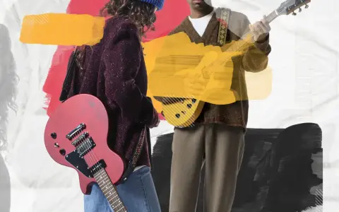 Deux musiciens jouent de la guitare, une rouge et une jaune, sur un fond abstrait. Une scène de musique HD vibrante.