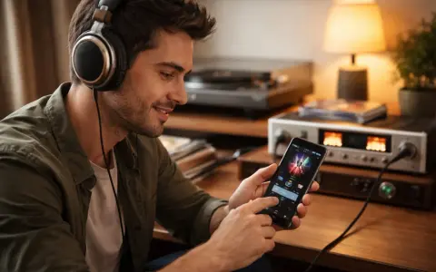 Un homme souriant écoute de la musique avec un casque, naviguant sur son téléphone pour promouvoir sa musique gratuitement.