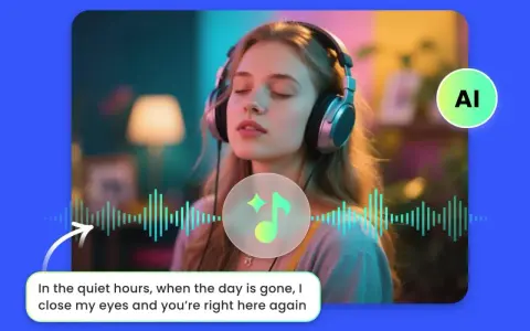Jeune femme écoutant de la musique avec des écouteurs, symbolisant un générateur de musique IA. Ondes sonores et note de musique stylisée.