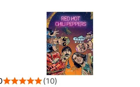 Illustration des Red Hot Chili Peppers, avec le nom du groupe en néon. Les membres sont représentés de manière stylisée, avec des palmiers en arrière-plan.