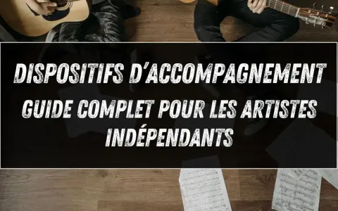 Guide pour les artistes indépendants sur le publishing musique. Des partitions et des guitares suggèrent une carrière musicale.
