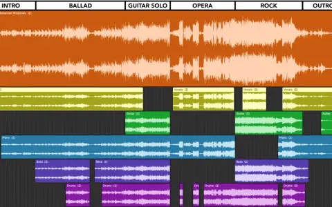 Exemple de structure musicale : découpage des pistes de "Bohemian Rhapsody" (voix, guitare, piano, basse, batterie) par section (intro, ballade, solo, opéra, rock, outro).