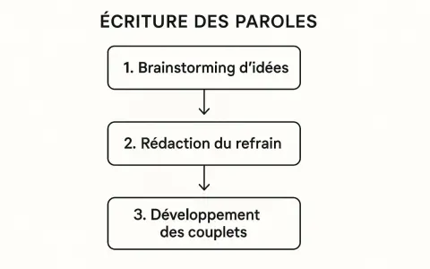 Schéma de l'écriture des paroles : brainstorming d'idées, rédaction du refrain, puis développement des couplets.