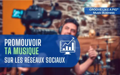 Un musicien utilise un appareil photo pour promouvoir sa musique sur les réseaux sociaux. L'image montre un écran avec un graphique de croissance.