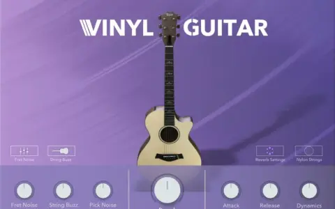 Interface d'un vst guitare gratuit "Vinyl Guitar" avec une guitare acoustique et des contrôles de son.