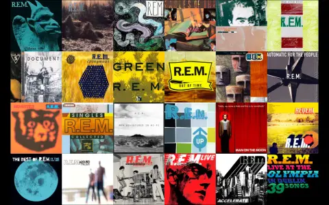Une mosaïque d'albums de R.E.M., incluant "Out of Time", "Monster" et "Automatic for the People".