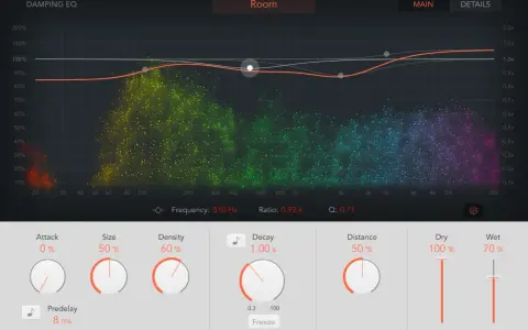 Interface de contrôle pour la **reverb définition musique**. Graphique de fréquence avec des points colorés et des curseurs pour ajuster les paramètres d'effet.