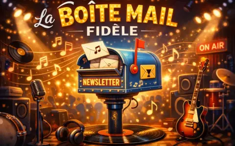 Boîte aux lettres "La Boîte Mail Fidèle" remplie de lettres, sur fond de scène musicale avec guitare, vinyles et notes de musique.
