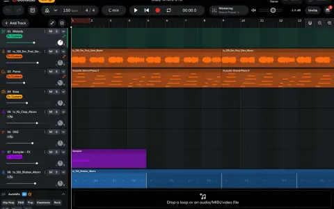 Interface de création musicale en ligne avec pistes audio et MIDI superposées, incluant des boucles de piano et de pad.