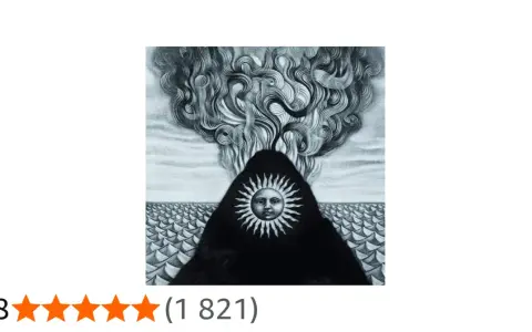 Montagne de magma gojira crachant des volutes de fumée, visage solaire au centre, sur une mer d'écailles.