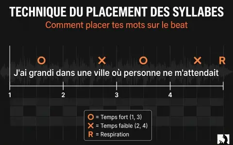 Apprendre à rapper : une illustration montre comment placer des syllabes sur un beat, avec des symboles pour les temps forts et faibles.