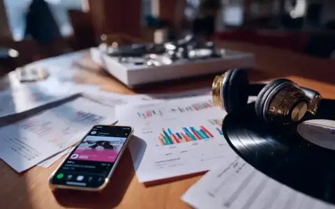 Un smartphone affiche une application musicale, des graphiques et des notes sont étalés sur une table avec un tourne-disque et des écouteurs. Cela évoque la question : c'est quoi les royalties pour les artistes ?