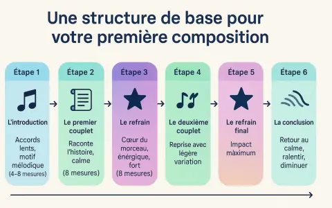 Schéma de la structure d'une musique : introduction, couplets, refrains, puis conclusion. Idéal pour une première composition.