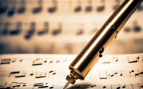 Un stylo doré sur des partitions, prêt à écrire de nouvelles ia paroles chanson.