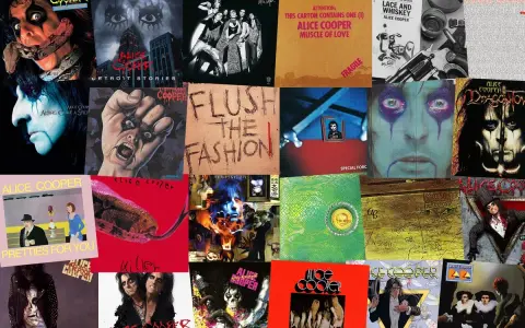 Collage d'albums d'Alice Cooper, montrant diverses pochettes d'albums iconiques.