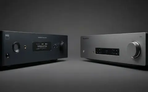 Deux amplis hi-fi, un NAD noir et un Cambridge CXA argenté, côte à côte. Avis sur ampli Cambridge CXA.