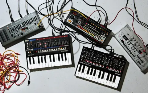 Plusieurs petits instruments de musique électroniques, dont des synthétiseurs et des boîtes à rythmes, sont connectés par des câbles.