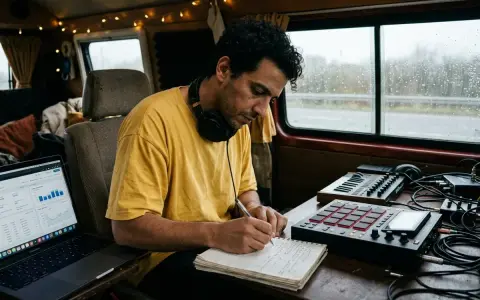 Artiste musicien, concentré sur son carnet, prépare sa demande de subvention artiste musique. Son studio mobile est prêt.