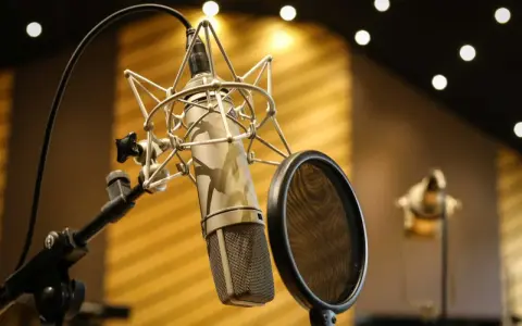 Microphone de studio prêt pour le mixage voix. Un filtre anti-pop est positionné pour une prise de son parfaite.