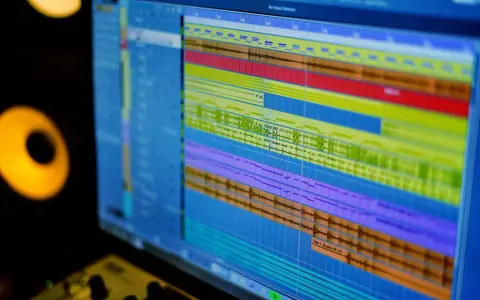 Écran d'ordinateur affichant une station de travail audio numérique (DAW) avec plusieurs pistes audio. Idéal pour explorer les options de **free daw windows**.