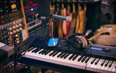 Clavier, micro, casque et smartphone sur un bureau de mixage. L'équipement parfait pour savoir comment se lancer dans la musique.