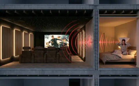 Une salle de cinéma privée avec fauteuils confortables et écran géant. À côté, une personne tente de dormir, dérangée par le bruit. Idéal pour **créer une salle de cinéma chez soi** sans déranger.