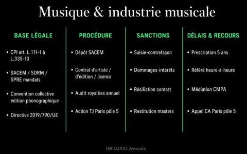 Tableau sur la musique et l'industrie musicale, détaillant base légale, procédure, sanctions et délais pour les royalties.