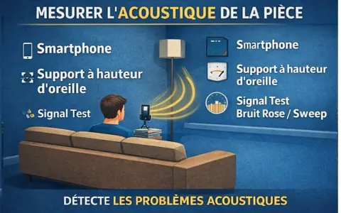 Mesure de l'acoustique d'une pièce avec un smartphone, un support et un test de signal. Optimisez votre expérience audio avec Dirac Audio.