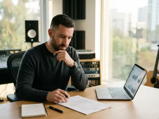 Un homme réfléchit à un contrat, entouré d'équipements de studio et d'une guitare. Il prépare le dossier de presse de son groupe de musique.